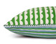 close up of a we sailed away cushion in green with peace and love fabric on the back and pyramid trim in verde